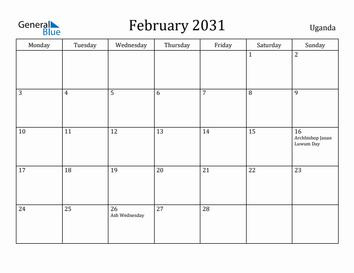 February 2031 Calendar Uganda