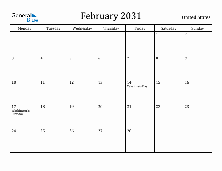 February 2031 Calendar United States