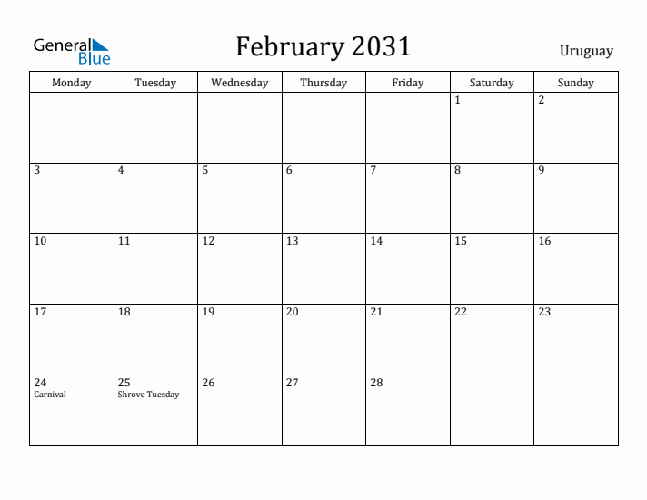 February 2031 Calendar Uruguay