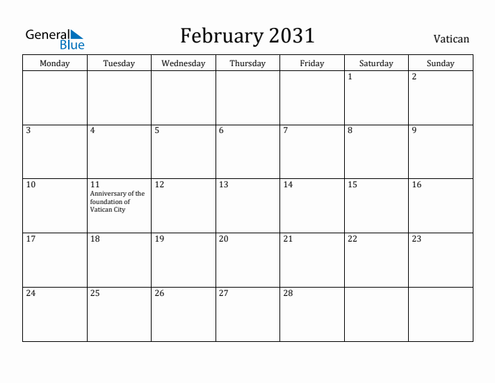 February 2031 Calendar Vatican