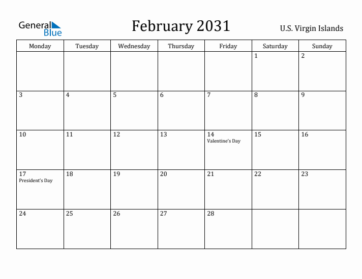 February 2031 Calendar U.S. Virgin Islands