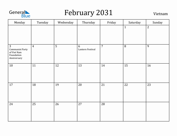 February 2031 Calendar Vietnam