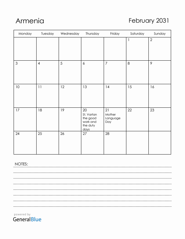 February 2031 Armenia Calendar with Holidays (Monday Start)