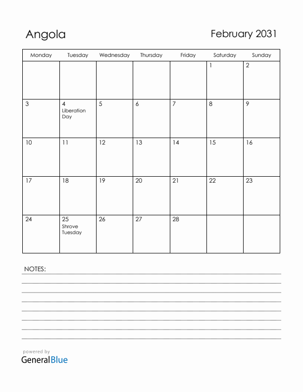 February 2031 Angola Calendar with Holidays (Monday Start)