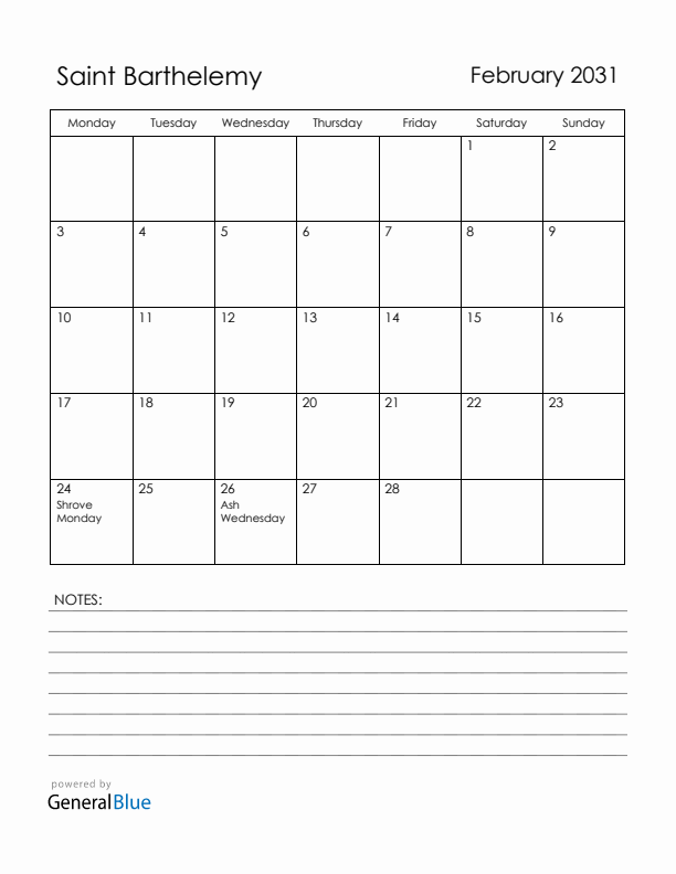 February 2031 Saint Barthelemy Calendar with Holidays (Monday Start)