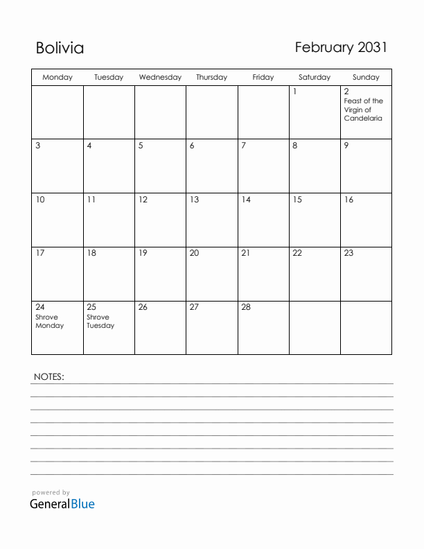 February 2031 Bolivia Calendar with Holidays (Monday Start)