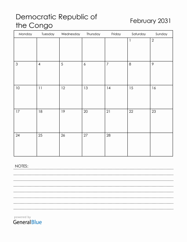 February 2031 Democratic Republic of the Congo Calendar with Holidays (Monday Start)
