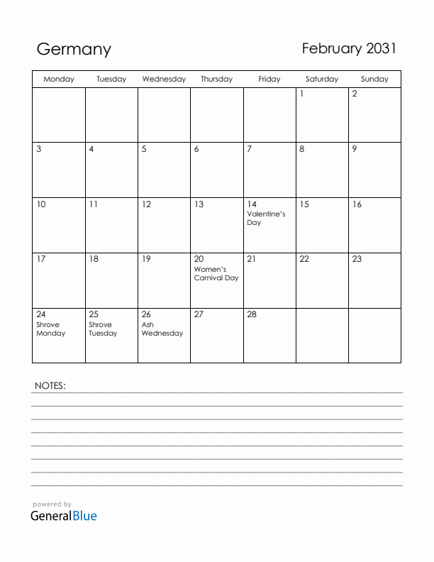 February 2031 Germany Calendar with Holidays (Monday Start)