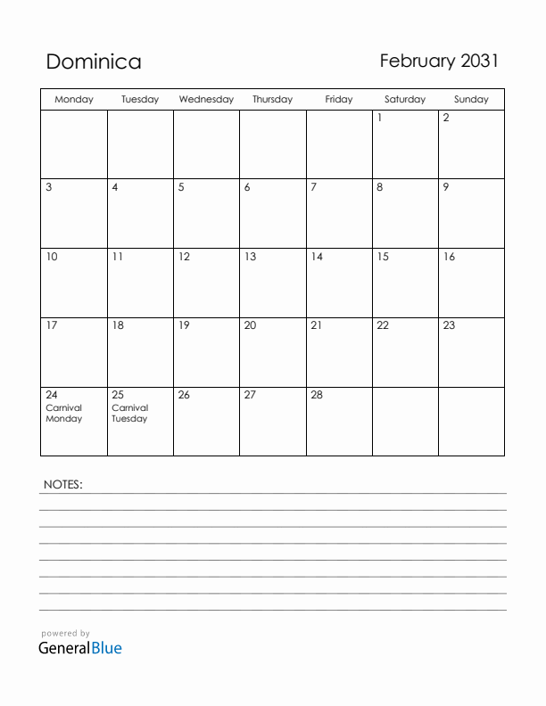 February 2031 Dominica Calendar with Holidays (Monday Start)