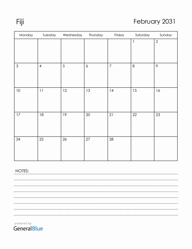 February 2031 Fiji Calendar with Holidays (Monday Start)