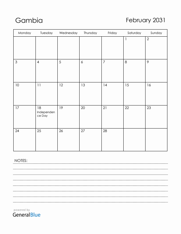 February 2031 Gambia Calendar with Holidays (Monday Start)