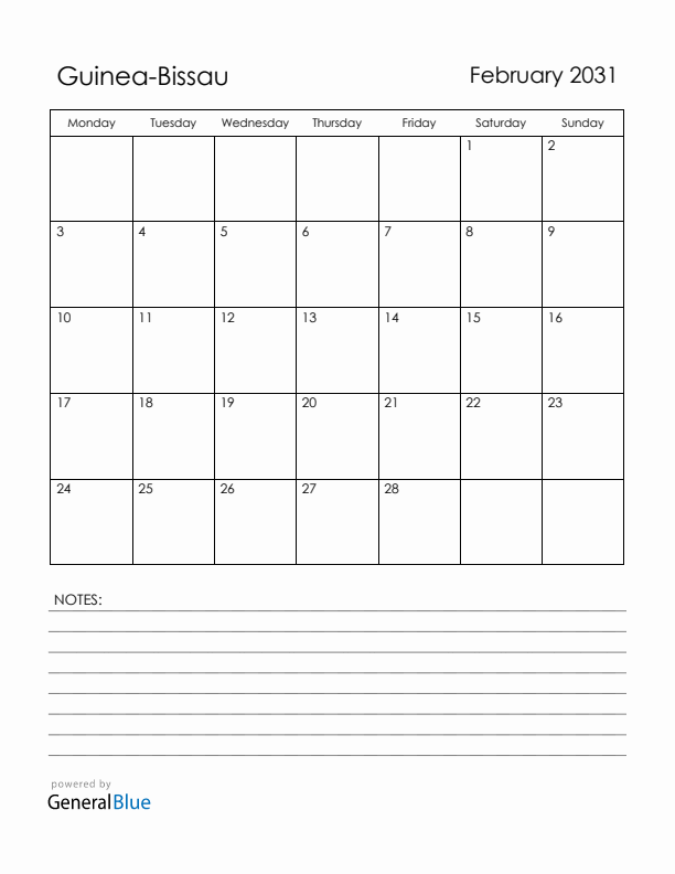 February 2031 Guinea-Bissau Calendar with Holidays (Monday Start)