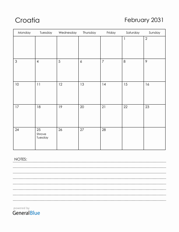 February 2031 Croatia Calendar with Holidays (Monday Start)