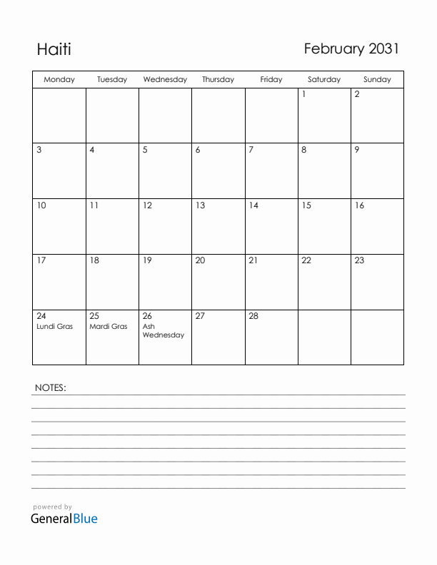 February 2031 Haiti Calendar with Holidays (Monday Start)