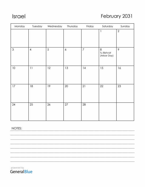 February 2031 Israel Calendar with Holidays (Monday Start)