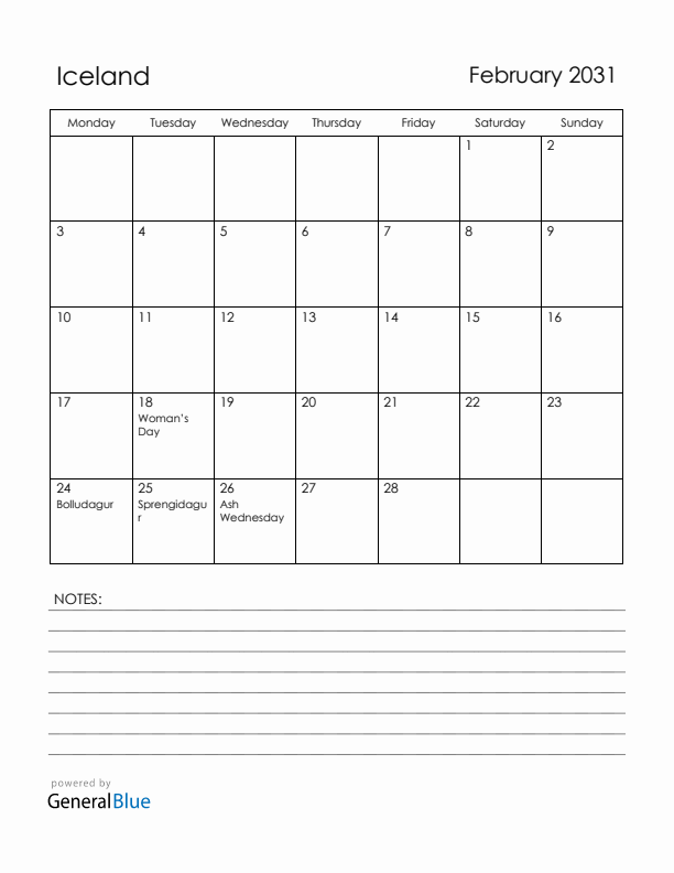 February 2031 Iceland Calendar with Holidays (Monday Start)