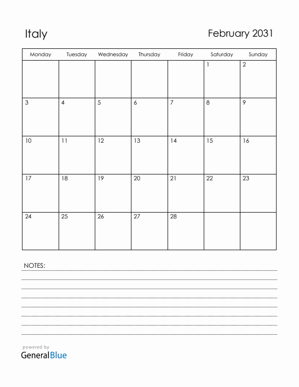 February 2031 Italy Calendar with Holidays (Monday Start)