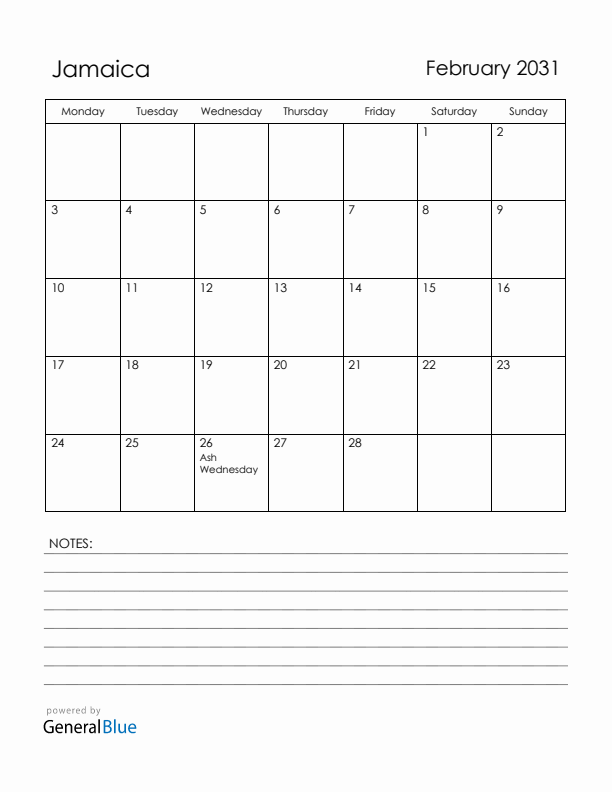 February 2031 Jamaica Calendar with Holidays (Monday Start)
