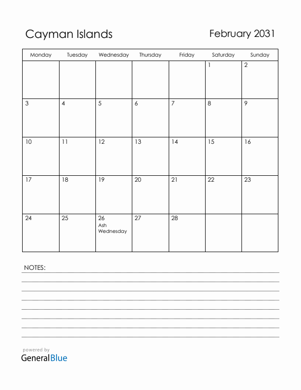 February 2031 Cayman Islands Calendar with Holidays (Monday Start)
