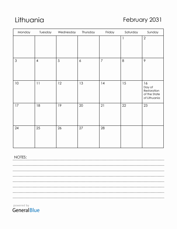 February 2031 Lithuania Calendar with Holidays (Monday Start)