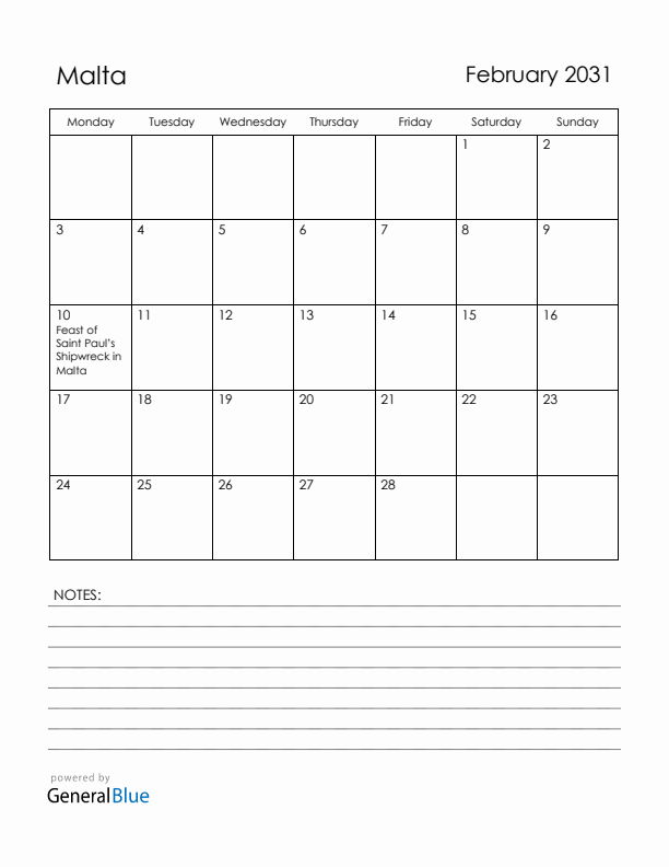 February 2031 Malta Calendar with Holidays (Monday Start)