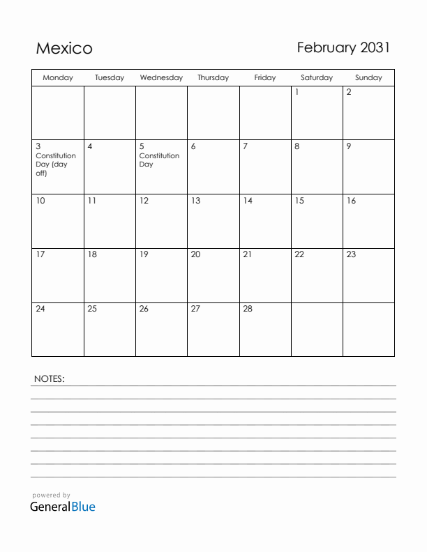 February 2031 Mexico Calendar with Holidays (Monday Start)