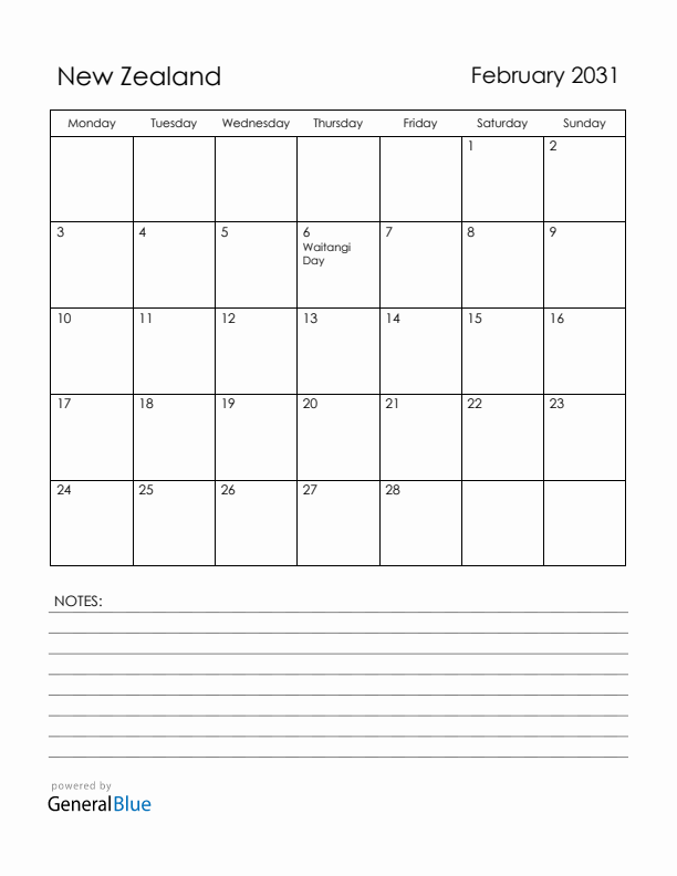 February 2031 New Zealand Calendar with Holidays (Monday Start)
