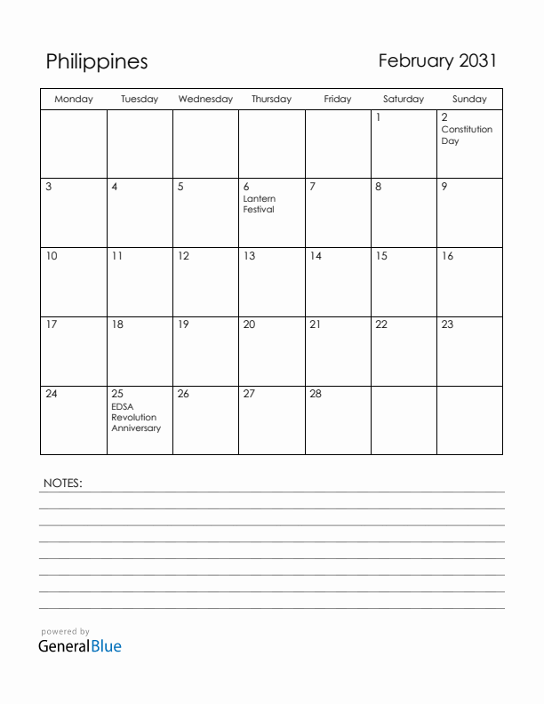 February 2031 Philippines Calendar with Holidays (Monday Start)