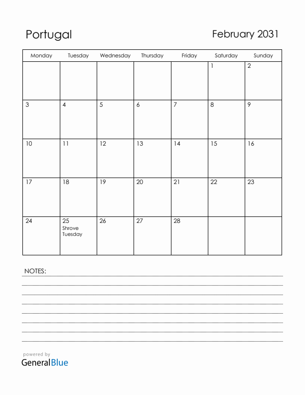 February 2031 Portugal Calendar with Holidays (Monday Start)