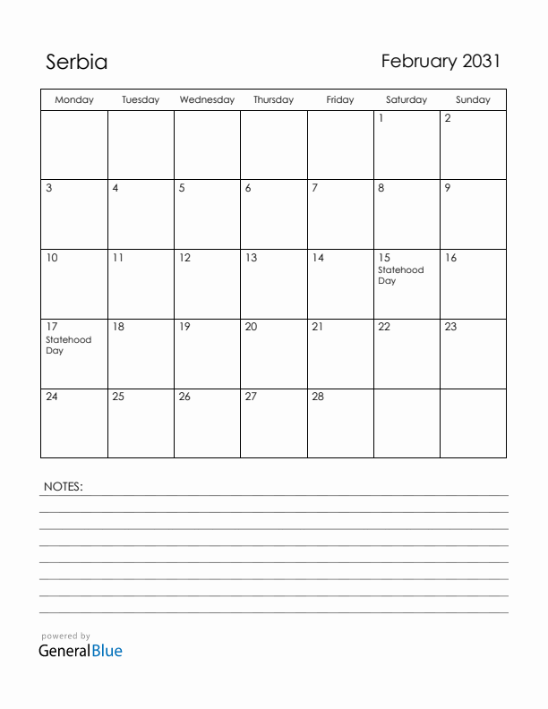February 2031 Serbia Calendar with Holidays (Monday Start)
