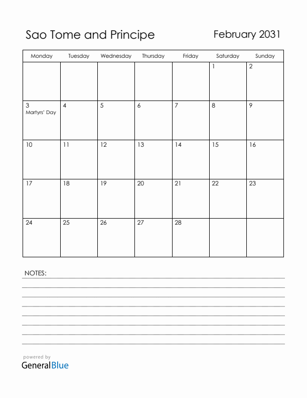 February 2031 Sao Tome and Principe Calendar with Holidays (Monday Start)