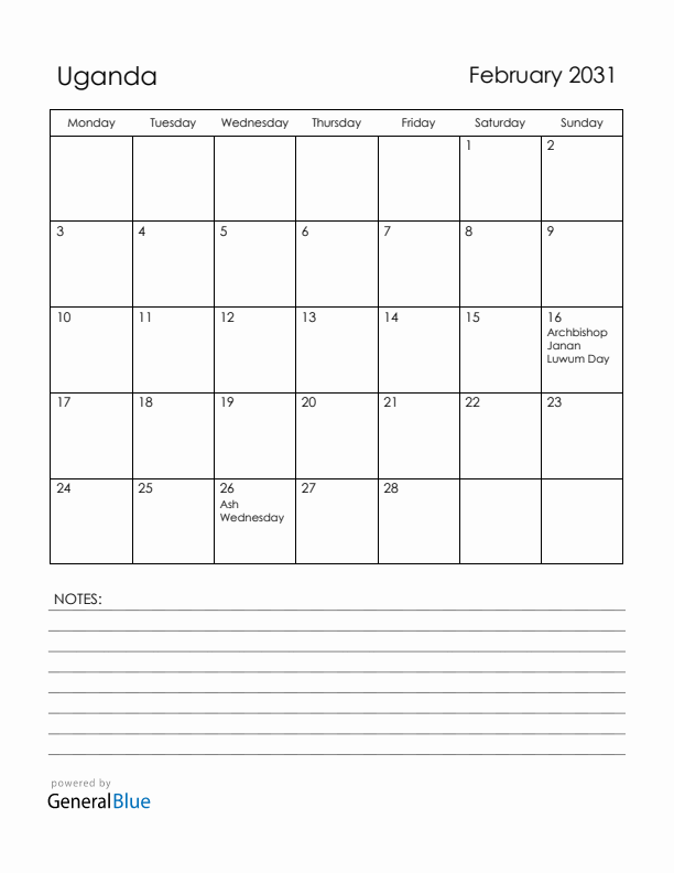 February 2031 Uganda Calendar with Holidays (Monday Start)