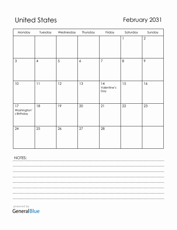 February 2031 United States Calendar with Holidays (Monday Start)