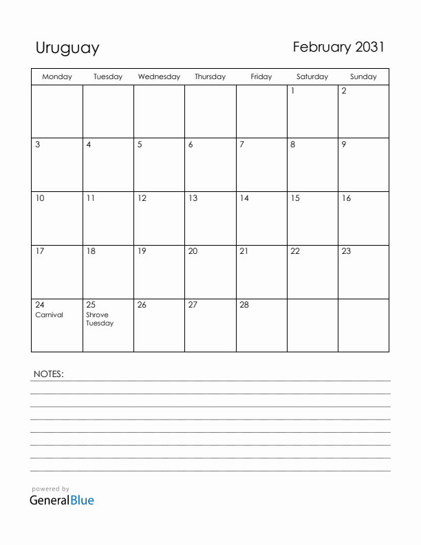 February 2031 Uruguay Calendar with Holidays (Monday Start)