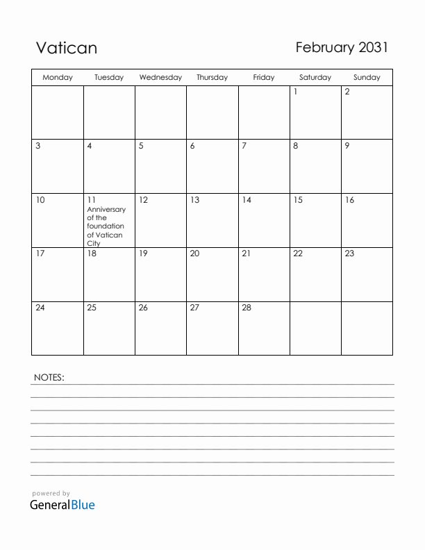 February 2031 Vatican Calendar with Holidays (Monday Start)