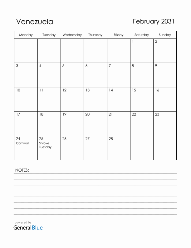 February 2031 Venezuela Calendar with Holidays (Monday Start)