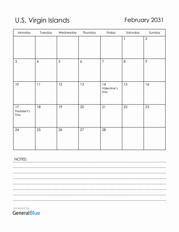 February 2031 U.S. Virgin Islands Calendar with Holidays (Monday Start)