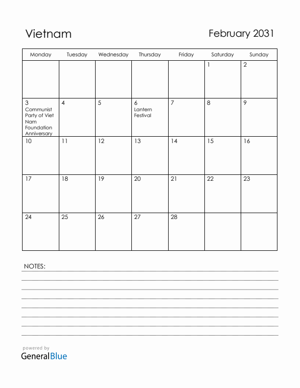 February 2031 Vietnam Calendar with Holidays (Monday Start)