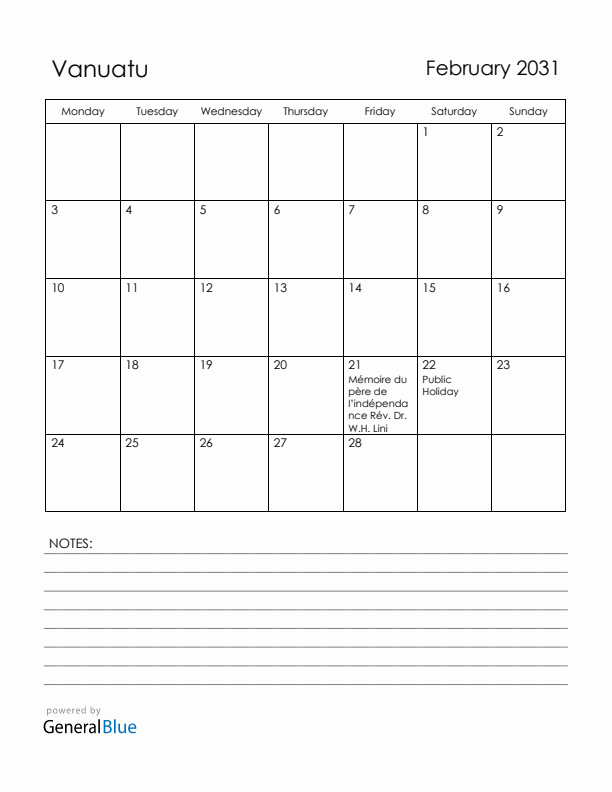 February 2031 Vanuatu Calendar with Holidays (Monday Start)