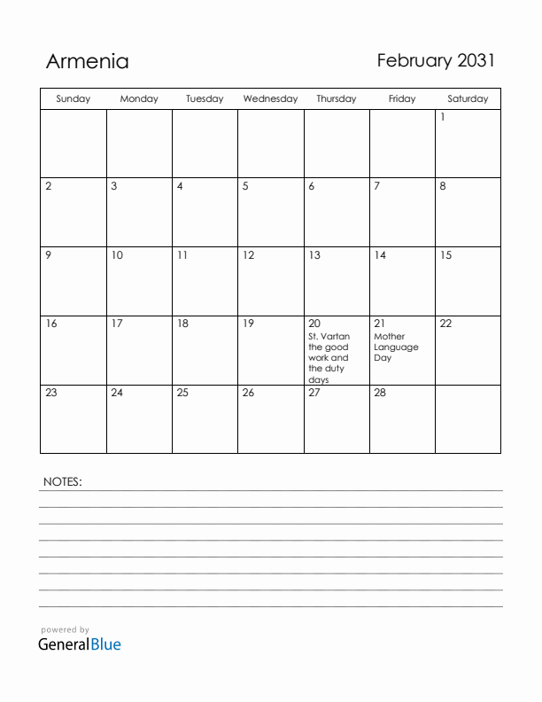 February 2031 Armenia Calendar with Holidays (Sunday Start)