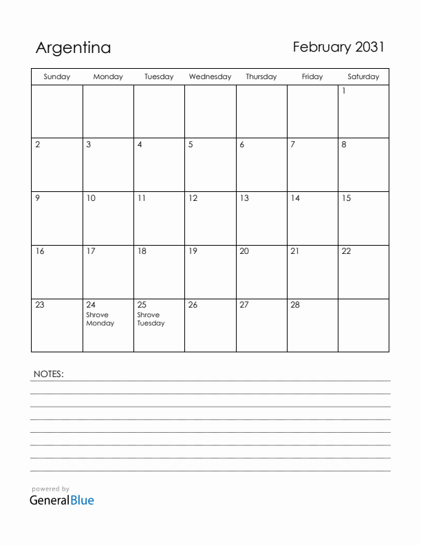 February 2031 Argentina Calendar with Holidays (Sunday Start)