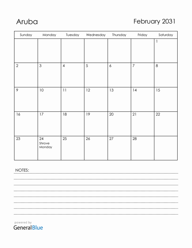 February 2031 Aruba Calendar with Holidays (Sunday Start)