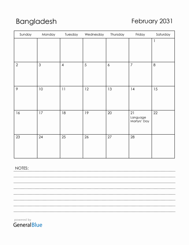 February 2031 Bangladesh Calendar with Holidays (Sunday Start)