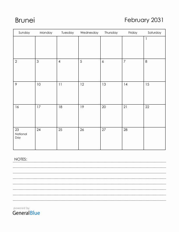 February 2031 Brunei Calendar with Holidays (Sunday Start)