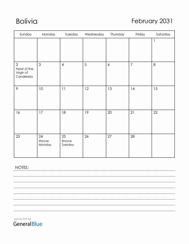 February 2031 Bolivia Calendar with Holidays (Sunday Start)