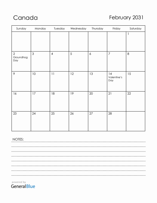 February 2031 Canada Calendar with Holidays (Sunday Start)