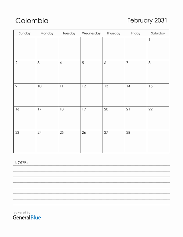 February 2031 Colombia Calendar with Holidays (Sunday Start)
