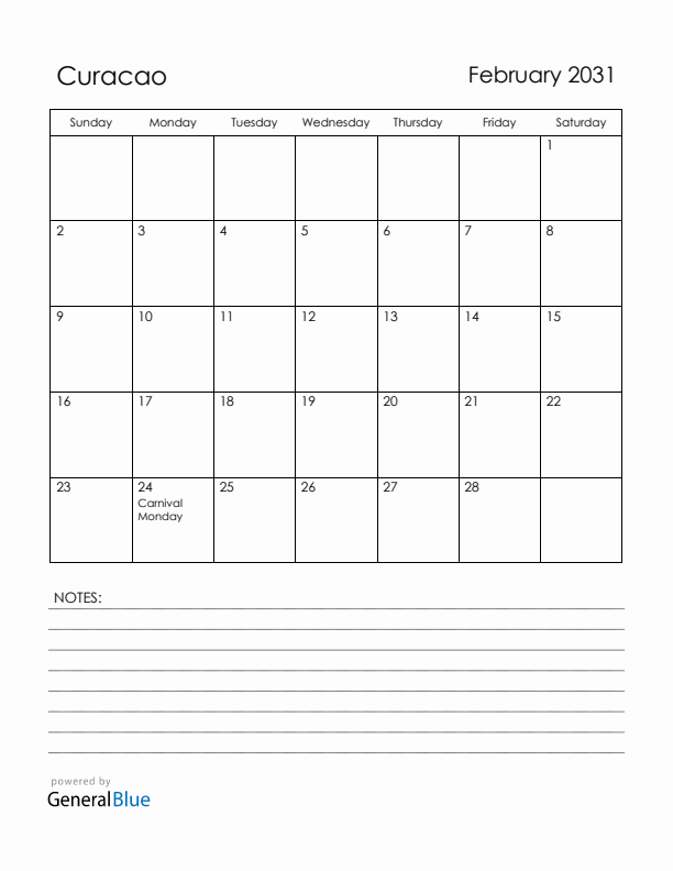 February 2031 Curacao Calendar with Holidays (Sunday Start)