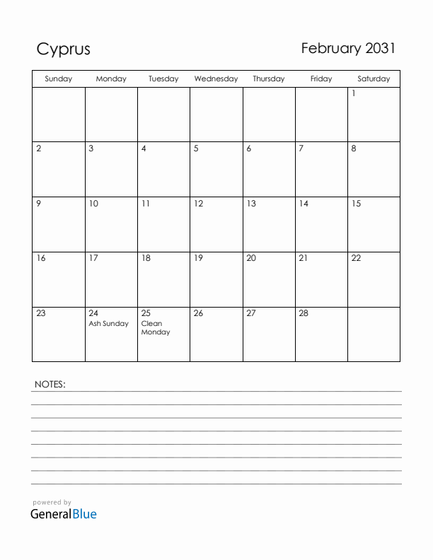 February 2031 Cyprus Calendar with Holidays (Sunday Start)