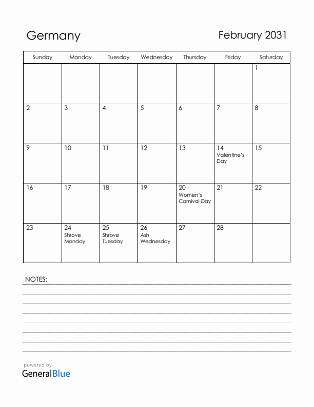 February 2031 Germany Calendar with Holidays (Sunday Start)